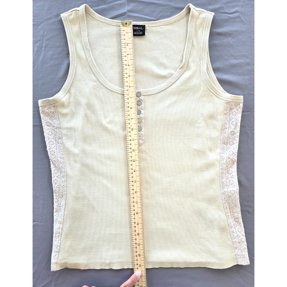 Tribal Lace Tank Top Ribbed Knit Henley Round Neck Pastel Yellow Beige Quiet Lux - Picture 9 of 16